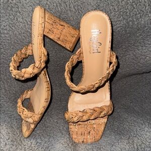 Hey Girl by Corkys Size 9, Taupe or Tan sandals with cork heel and shiny accents